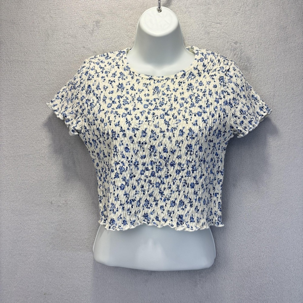 Hollister Smocked Floral Crop Top T-Shirt Womens Large Lettuce Hem Festival